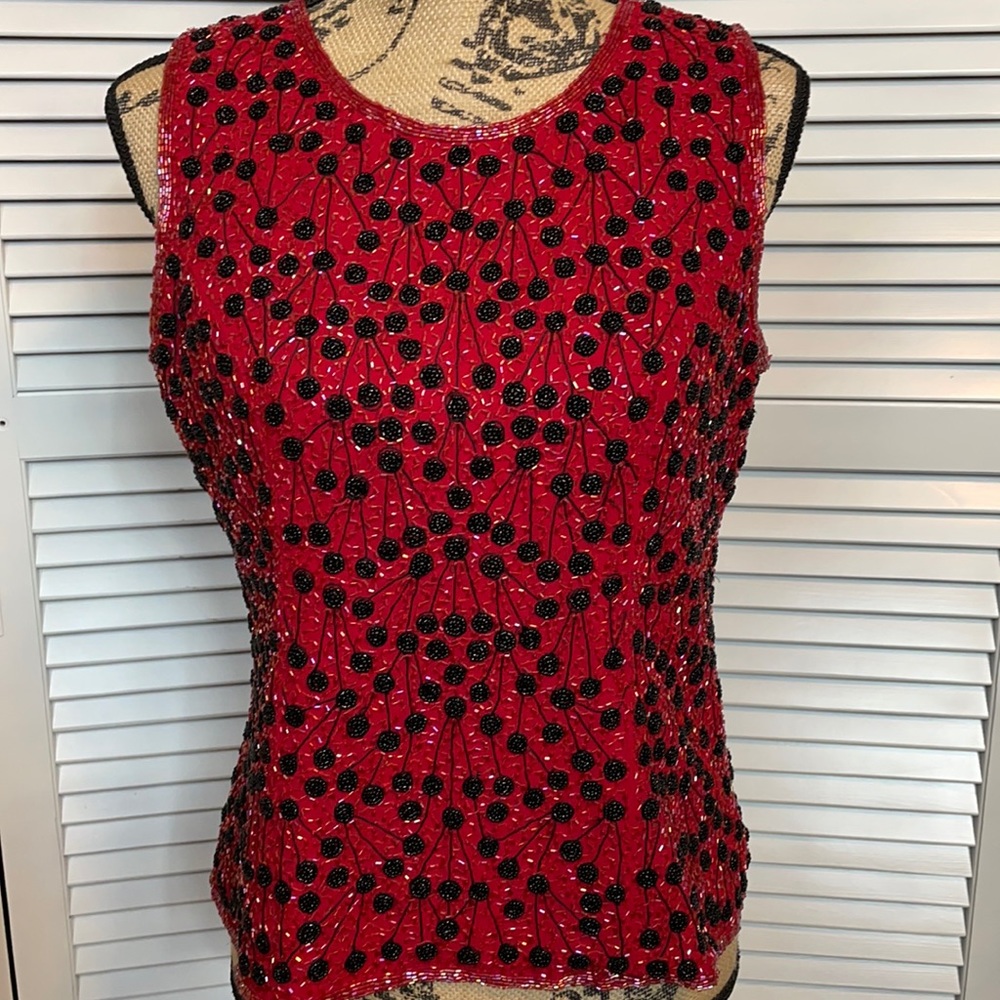 EUC Pave Beaded Red & Black Top - Sz M